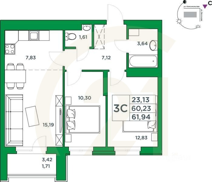 3-комн, 60,23 м²в ЖК «Сапфир»