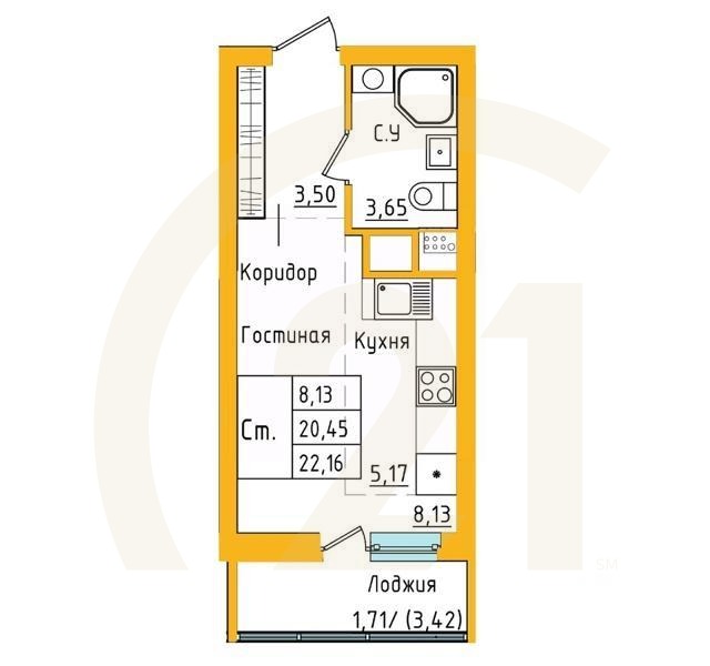 студия, 22,15 м²