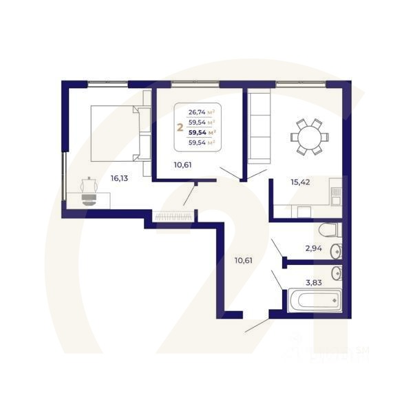 2-комн. квартира, 59,54 м²в ЖК «Паруса»