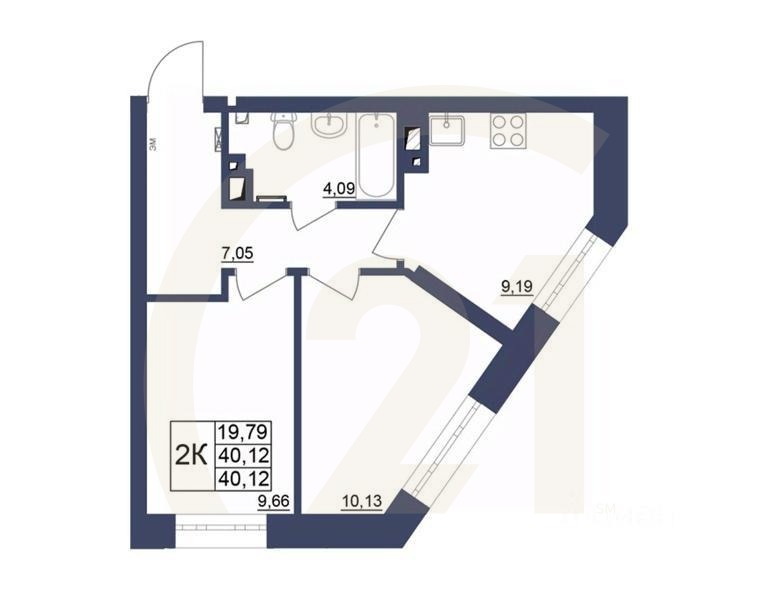 2-комн. квартира, 40,24 м²в ЖК «Космос»