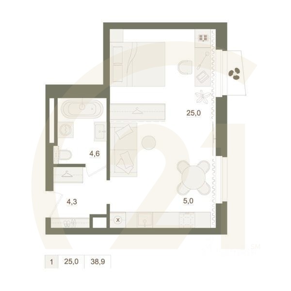 1-комн. квартира, 38,9 м²в ЖК «Квартал «Родина Парк»