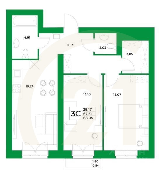 3-комн, 68,05 м²