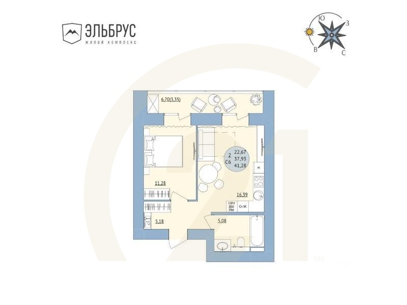2-комн. квартира, 41,28 м²в ЖК «Эльбрус»