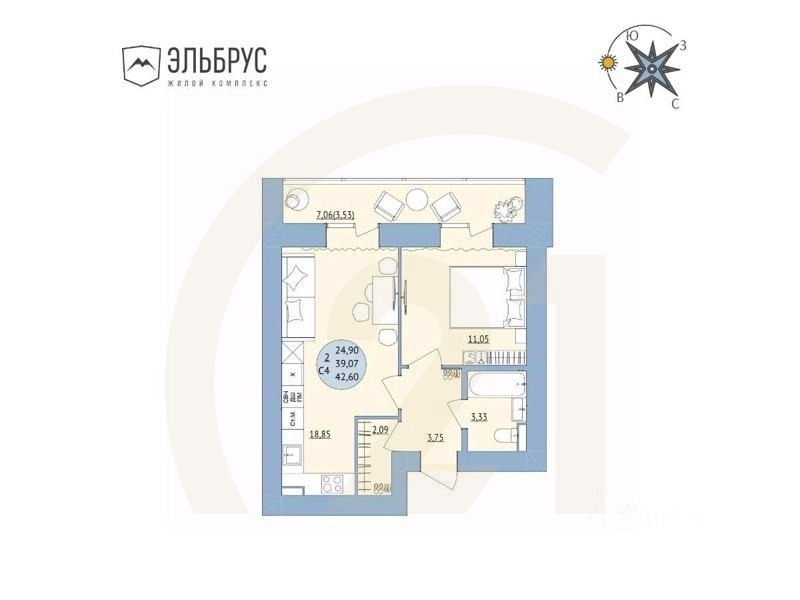 2-комн. квартира, 42,6 м²в ЖК «Эльбрус»