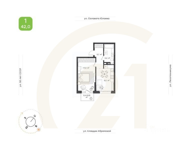 1-комн. квартира, 42 м²в ЖК «Бионика Парк»