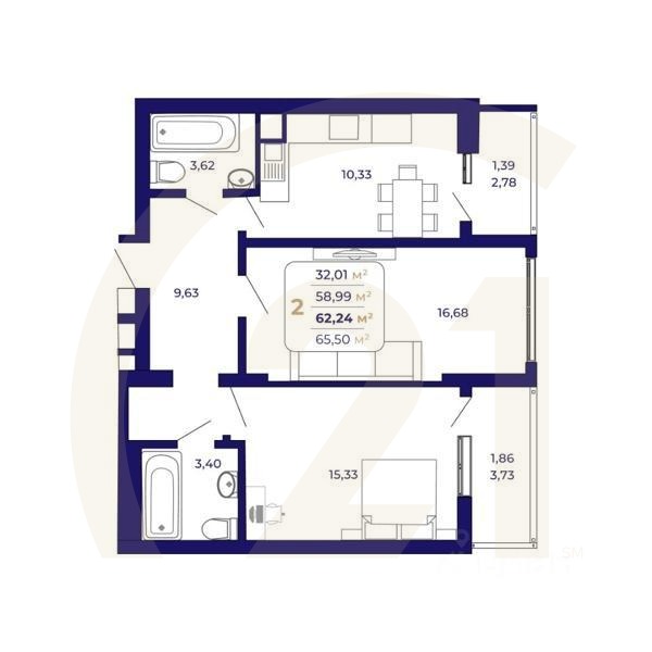 2-комн. квартира, 62,24 м²в ЖК «Паруса»