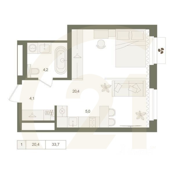 1-комн. квартира, 33,7 м²в ЖК «Квартал «Родина Парк»
