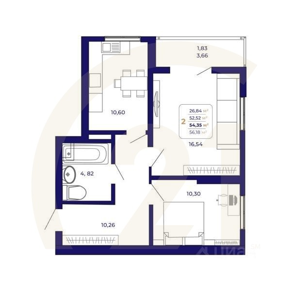2-комн. квартира, 54,35 м²в ЖК «Паруса»