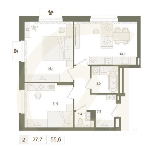 2-комн. квартира, 55,6 м²в ЖК «Квартал «Родина Парк»