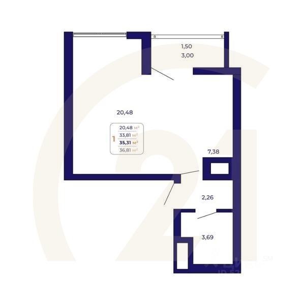 1-комн. квартира, 35,31 м²в ЖК «Паруса»