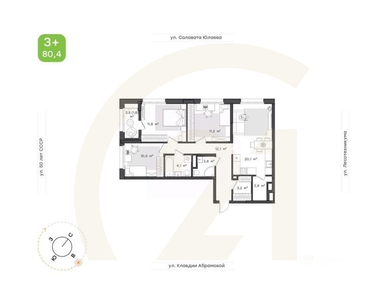 3-комн. квартира, 80,4 м²в ЖК «Бионика Парк»