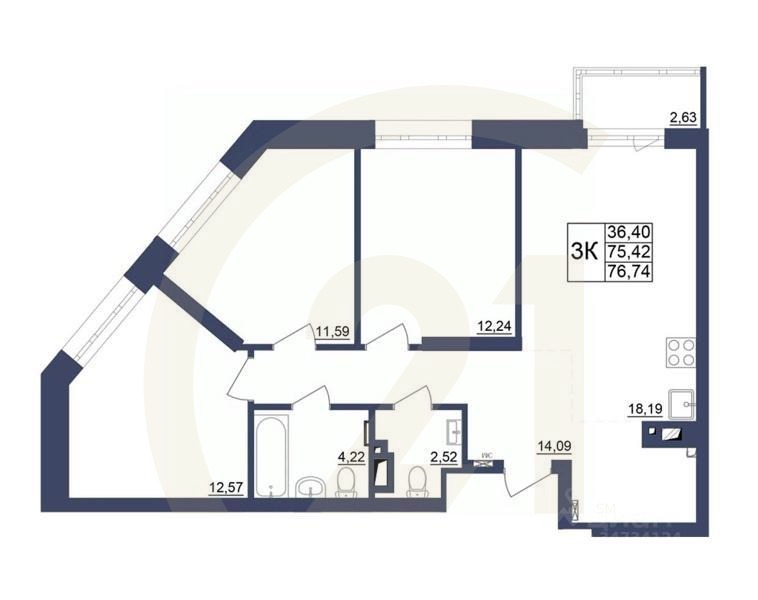 3-комн. квартира, 76,9 м²