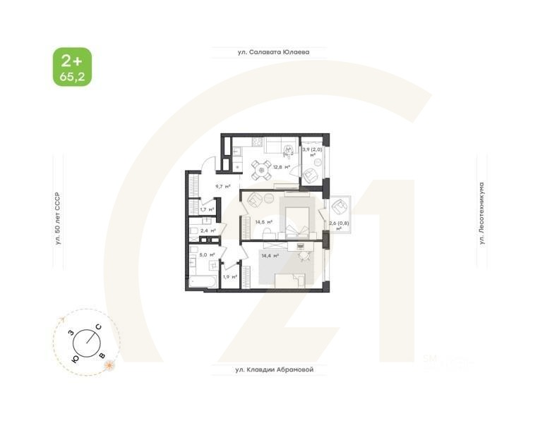 2-комн. квартира, 65,2 м²в ЖК «Бионика Парк»