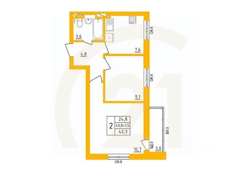 2-комн, 22,2 м²