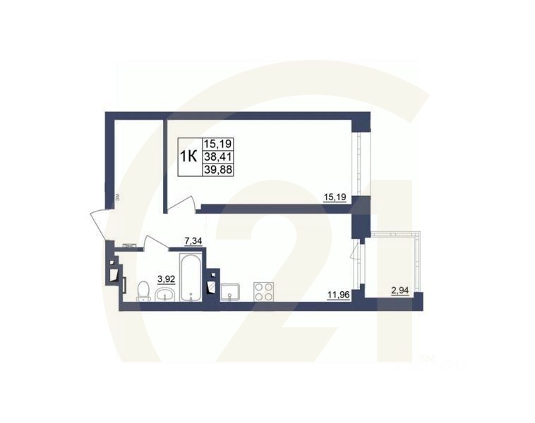 1-комн. квартира, 39,88 м²в ЖК «Космос»