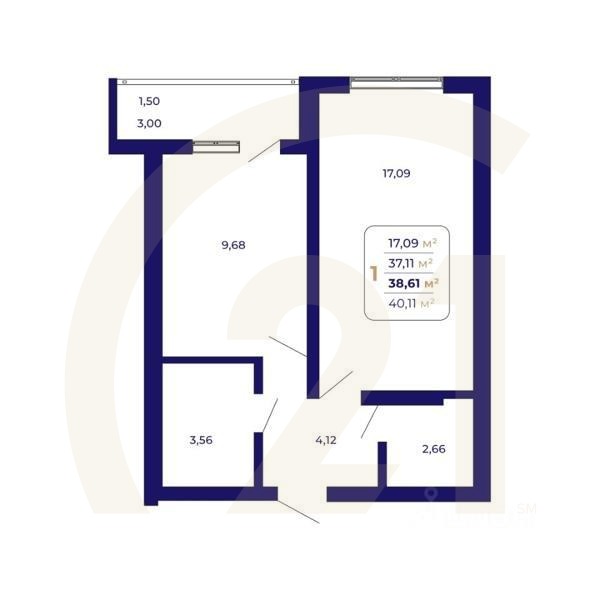 1-комн. квартира, 38,61 м²в ЖК «Паруса»