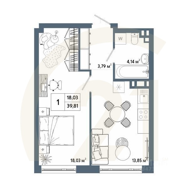 1-комн. квартира, 39,91 м²в ЖК «Крылья»