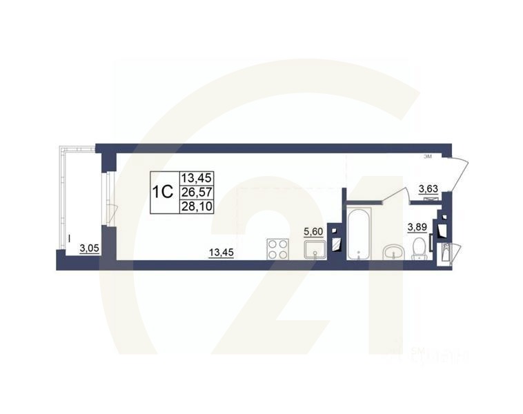 1-комн, 27,97 м²в ЖК «Космос»