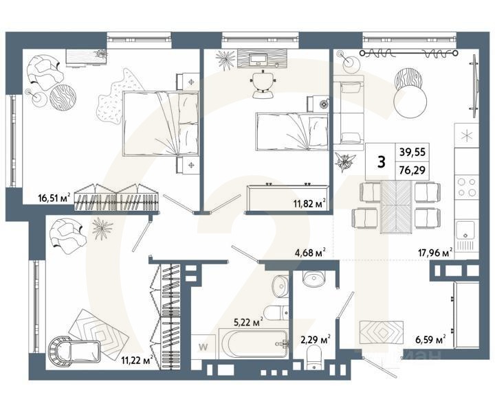 3-комн. квартира, 76,97 м²в ЖК «Крылья»