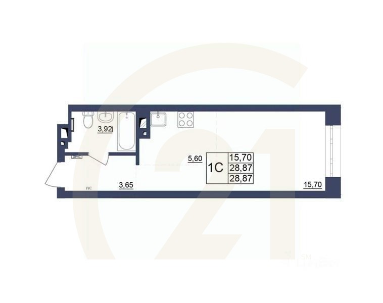 1-комн, 28,87 м²