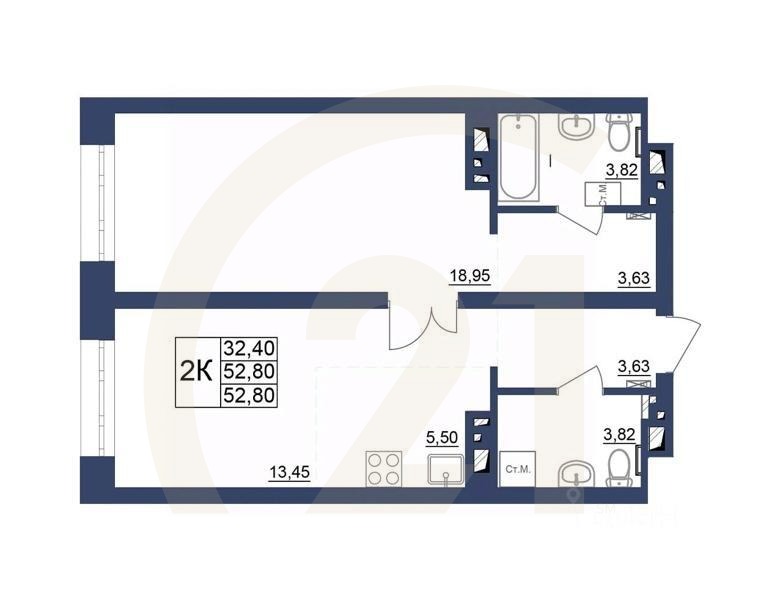 2-комн. квартира, 52,8 м²в ЖК «Космос»