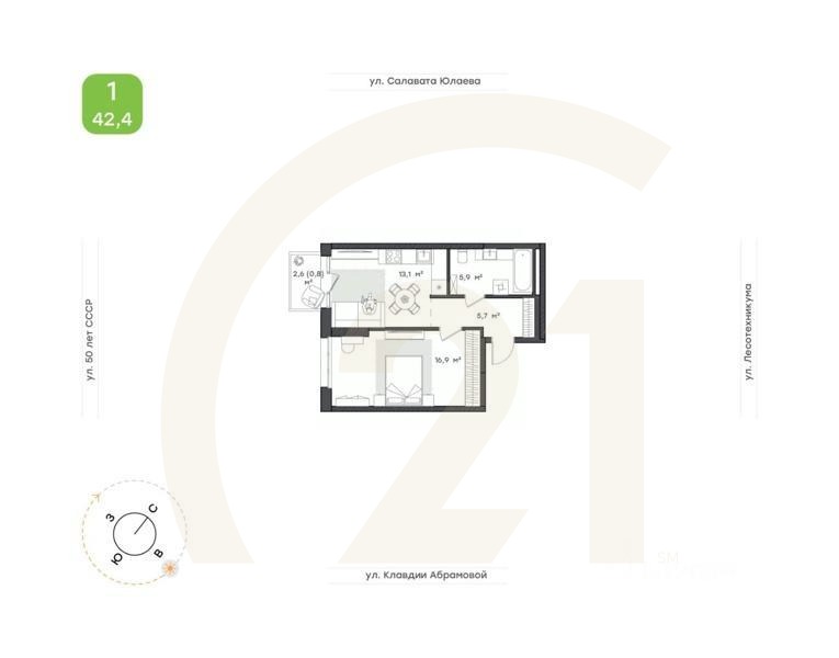 1-комн. квартира, 42,4 м²в ЖК «Бионика Парк»