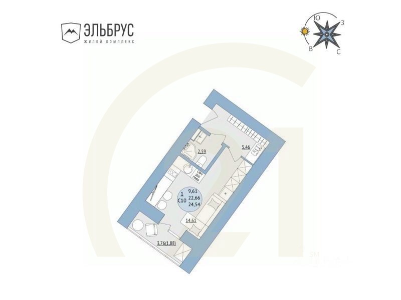 1-комн, 24,54 м²в ЖК «Эльбрус»