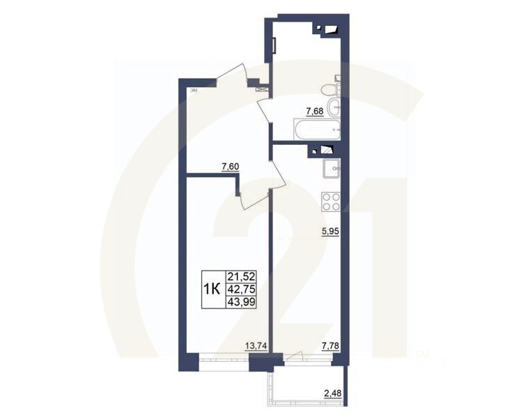 1-комн. квартира, 44,24 м²в ЖК «Космос»