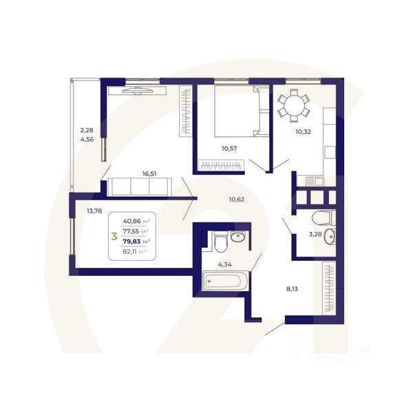 3-комн. квартира, 79,83 м²в ЖК «Паруса»