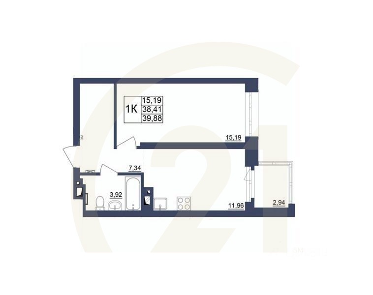 1-комн. квартира, 39,96 м²в ЖК «Космос»