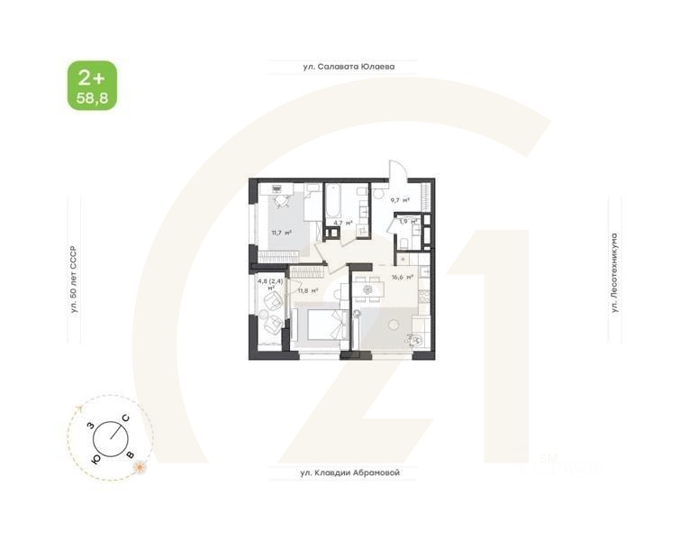 2-комн. квартира, 58,8 м²в ЖК «Бионика Парк»