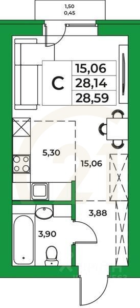 Студия, 28,59 м²