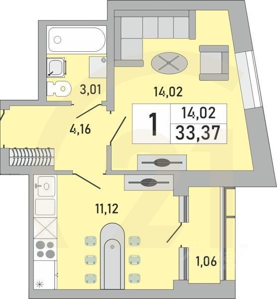 1-комн. квартира, 33,37 м²в ЖК «Платинум»