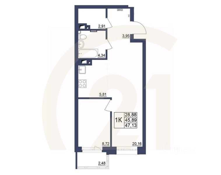 1-комн. квартира, 46,26 м²в ЖК «Космос»