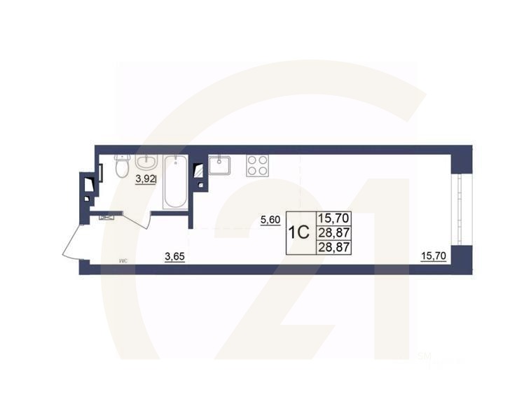 1-комн, 28,69 м²в ЖК «Космос»