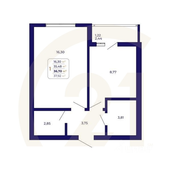 1-комн. квартира, 36,7 м²в ЖК «Паруса»