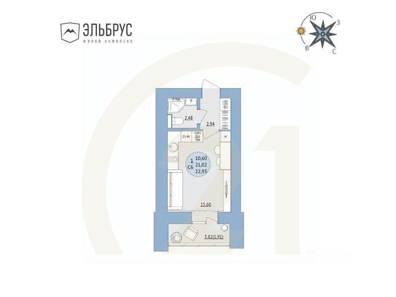 1-комн, 22,93 м²в ЖК «Эльбрус»