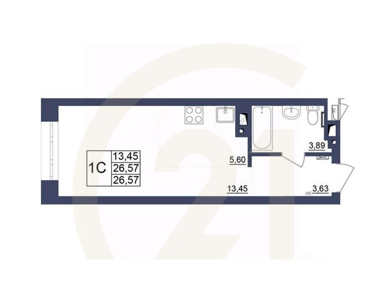 1-комн, 27,25 м²в ЖК «Космос»
