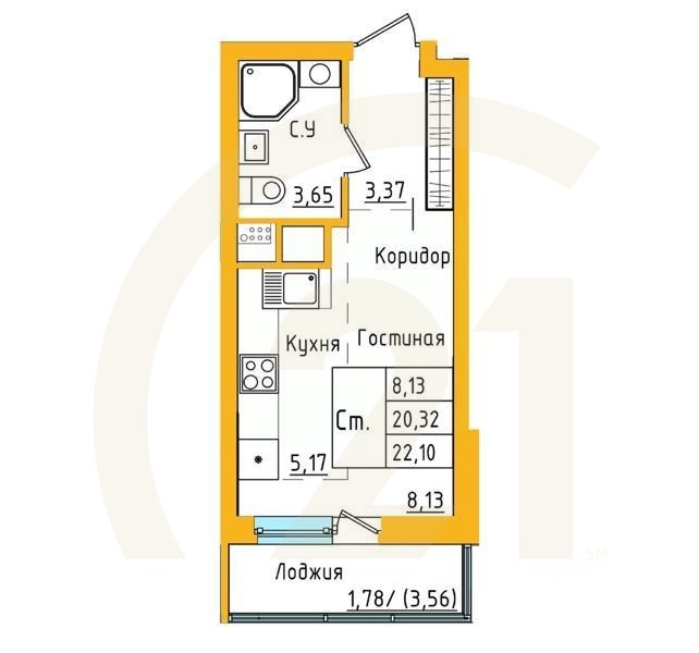 студия, 22,09 м²