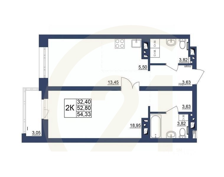 2-комн. квартира, 54,33 м²