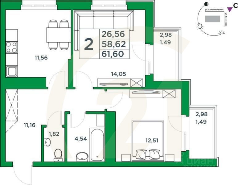 2-комн. квартира, 58,62 м²в ЖК «Сапфир»