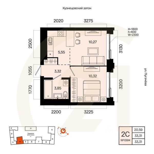 2-комн. квартира, 33,31 м²в ЖК «Первый остров»