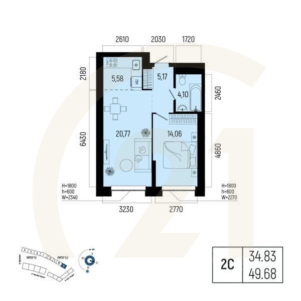 2-комн. квартира, 49,68 м²в ЖК «Новатор»