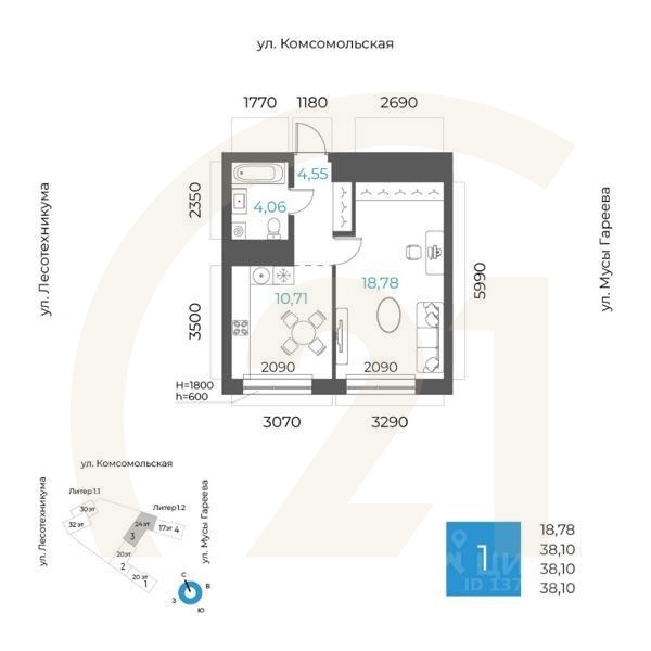 1-комн. квартира, 38,1 м²в ЖК «8 NEBO»