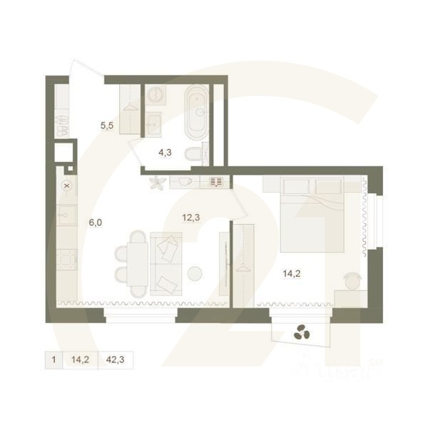 1-комн. квартира, 42,3 м²в ЖК «Квартал «Родина Парк»