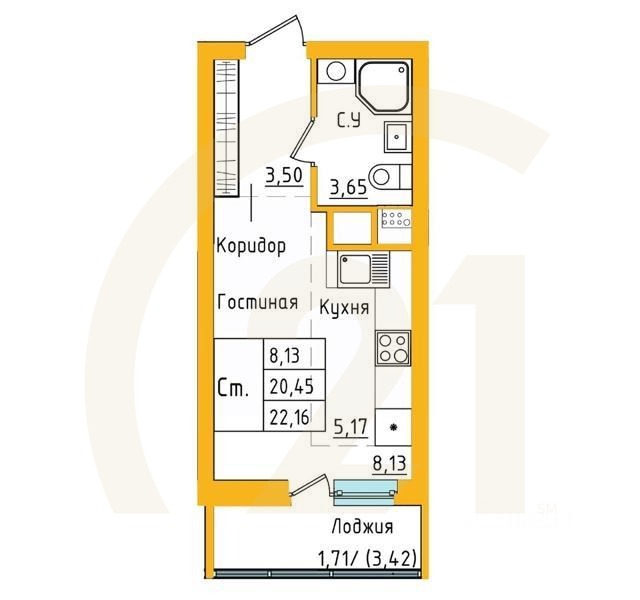 студия, 22,15 м²