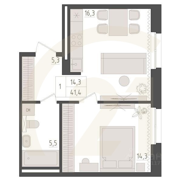1-комн. квартира, 41,4 м²в ЖК «Новый Империал»