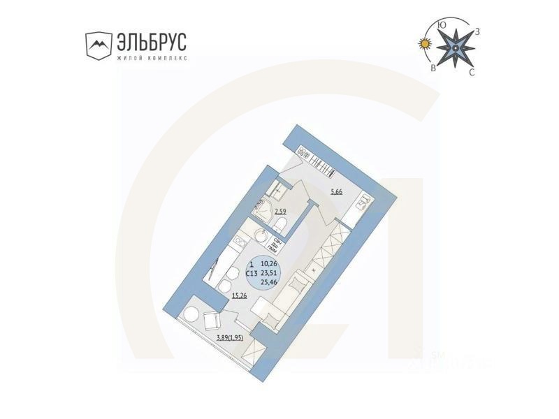1-комн, 25,46 м²в ЖК «Эльбрус»