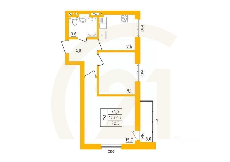 2-комн. квартира, 42,6 м²