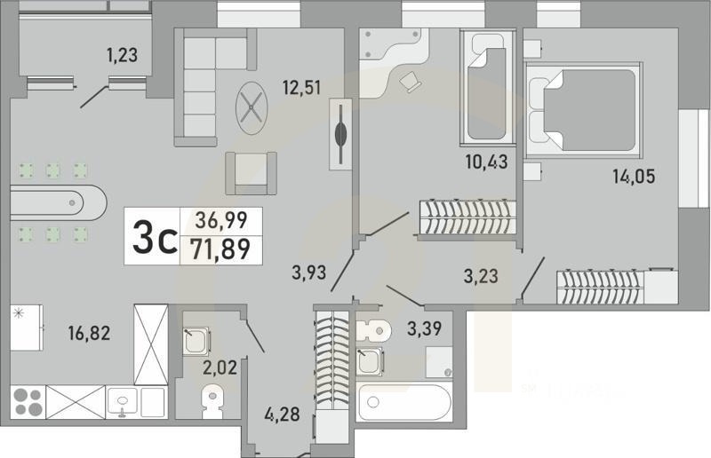 3-комн. квартира, 71,89 м²в ЖК «Платинум»